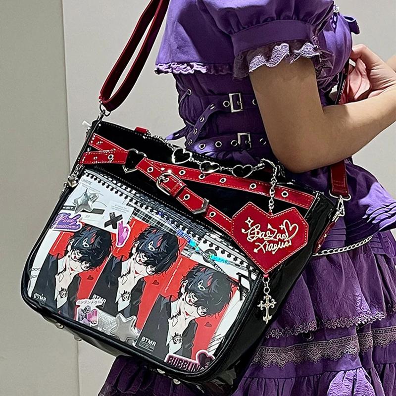 Fashion Y2k Hot Girl Transparent Ita Bag, Diy Display Bag Heart Chain Decor Handbag, Streetwear Large Capacity Crossbody Bag