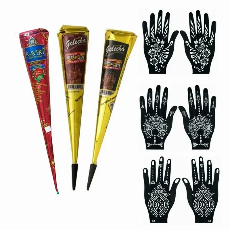 Henna Tattoo Paste Set, 3 Henna Pastes and 6 Waterproof Temporary Tattoo Stencils for Body Art and Nail Designs
