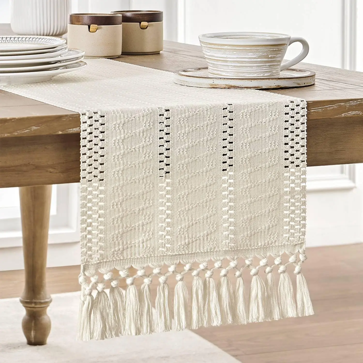 ZeeMart Macrame Style Boho Table Runner, Ivory Table Runners 72 Inches Long, Farmhouse Woven Home Decor, 12x72 Inch, Ivory