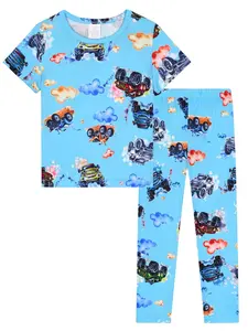 Boy Short Sleeve Long Pants Pajama Set, Off-Road Car Print, Casual Comfortable Home Wear, Fitted H-Type, All Seasons Sleepwear