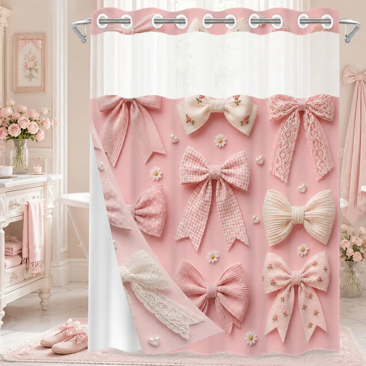 1-Piece Pink Bow Daisy No Hook Shower Curtain with Snap-In Liner, Double Layer Waterproof, Sheer Mesh Top, Removable White Liner, Machine Washable, Romantic Floral Coquette Bath Decor, 72 x 74 Inches