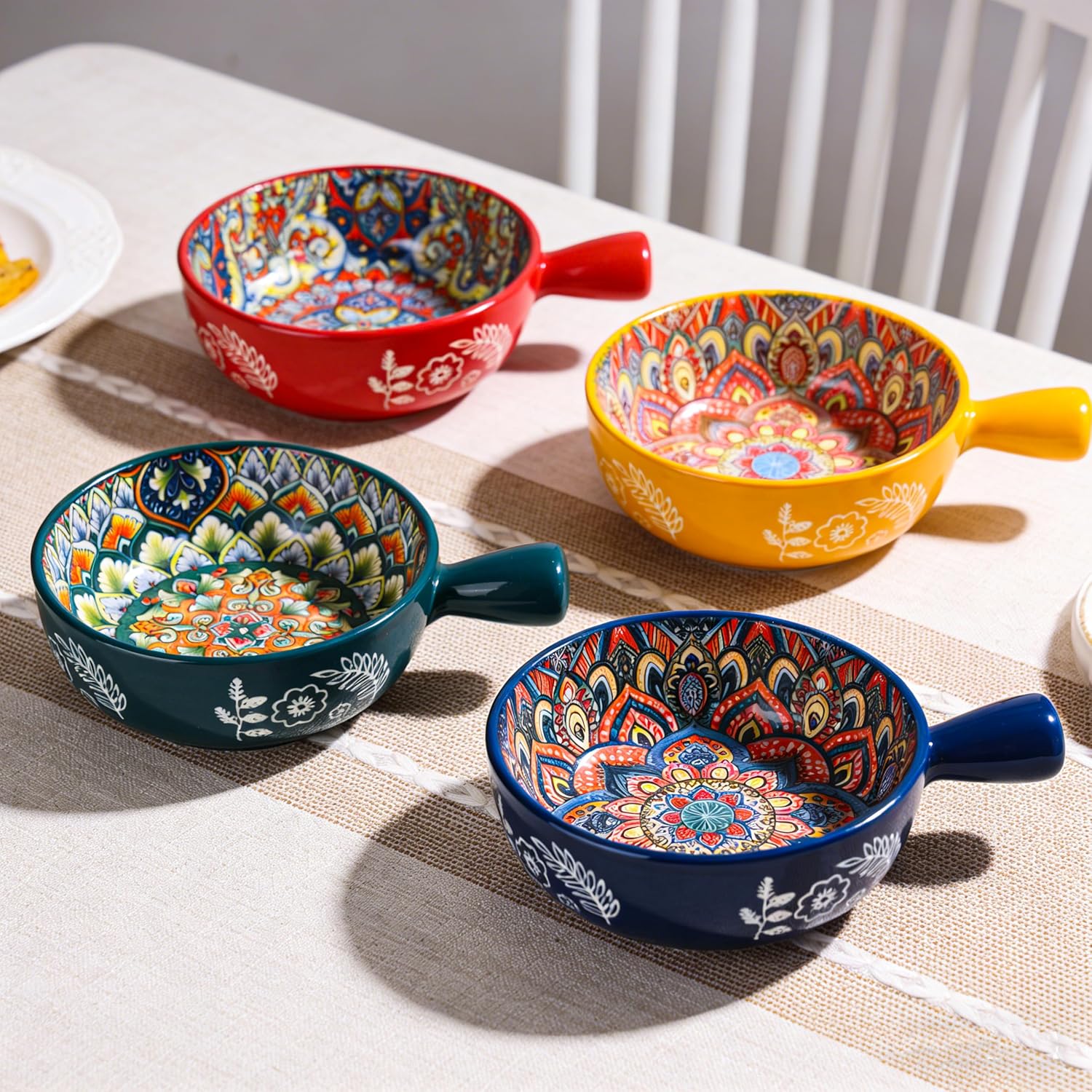 22 Oz soup bowls with handles set of 4-6 Inch Porcelain french onion soup bowls oven safe - Stackable Soup Crocks for Pasta, Beef Stews, Cereal, Bohemian Dishwasher Safe