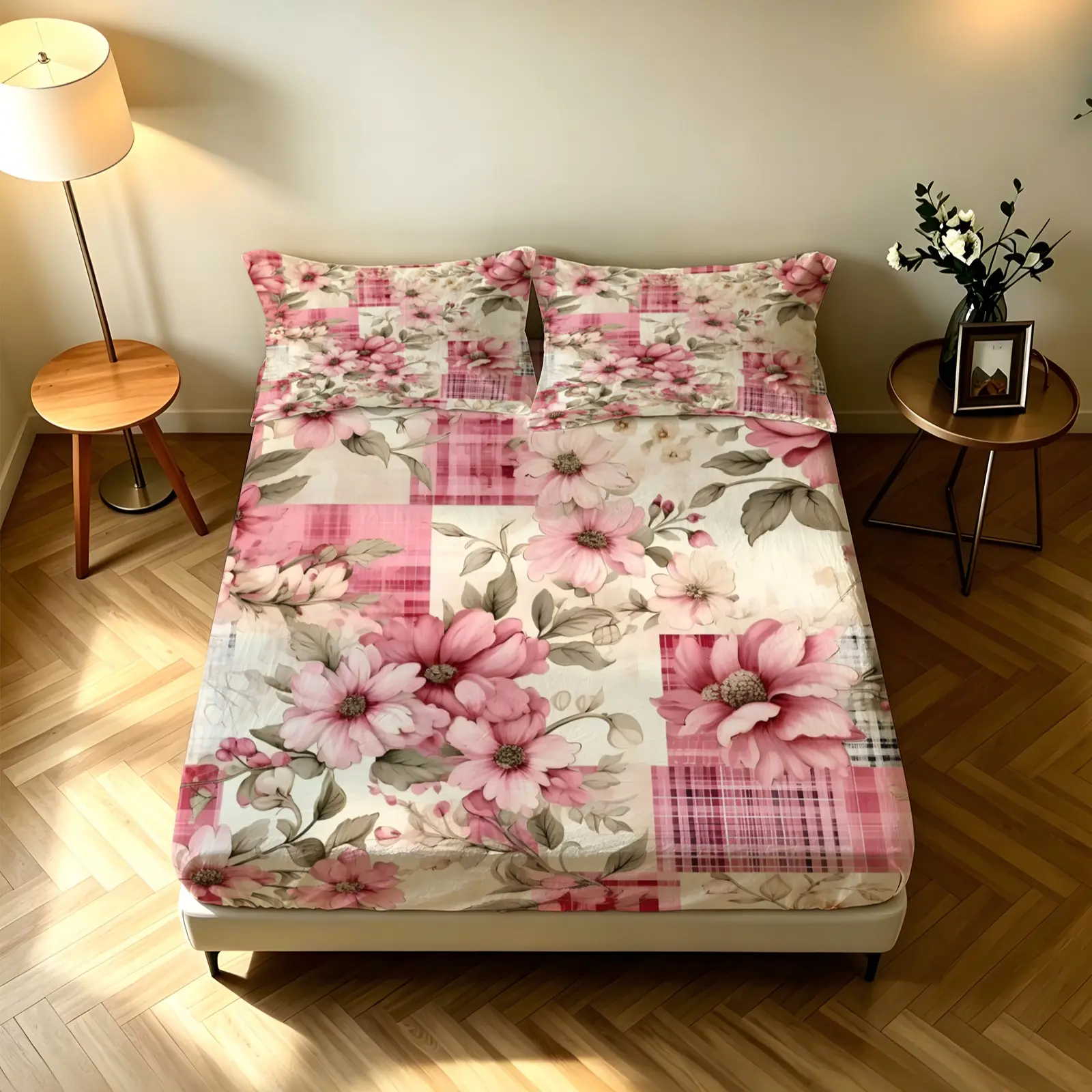 3PCS Cottage Floral Gingham Patchwork Digital Print Fitted Sheet Set, Wrinkle Resistant Deep Pocket Bed Sheet Set with Matching Pillowcases, No Fillers Vintage Country Bedding Set for Women Girls Bedroom Dorm,  All Season Home Decor Gift