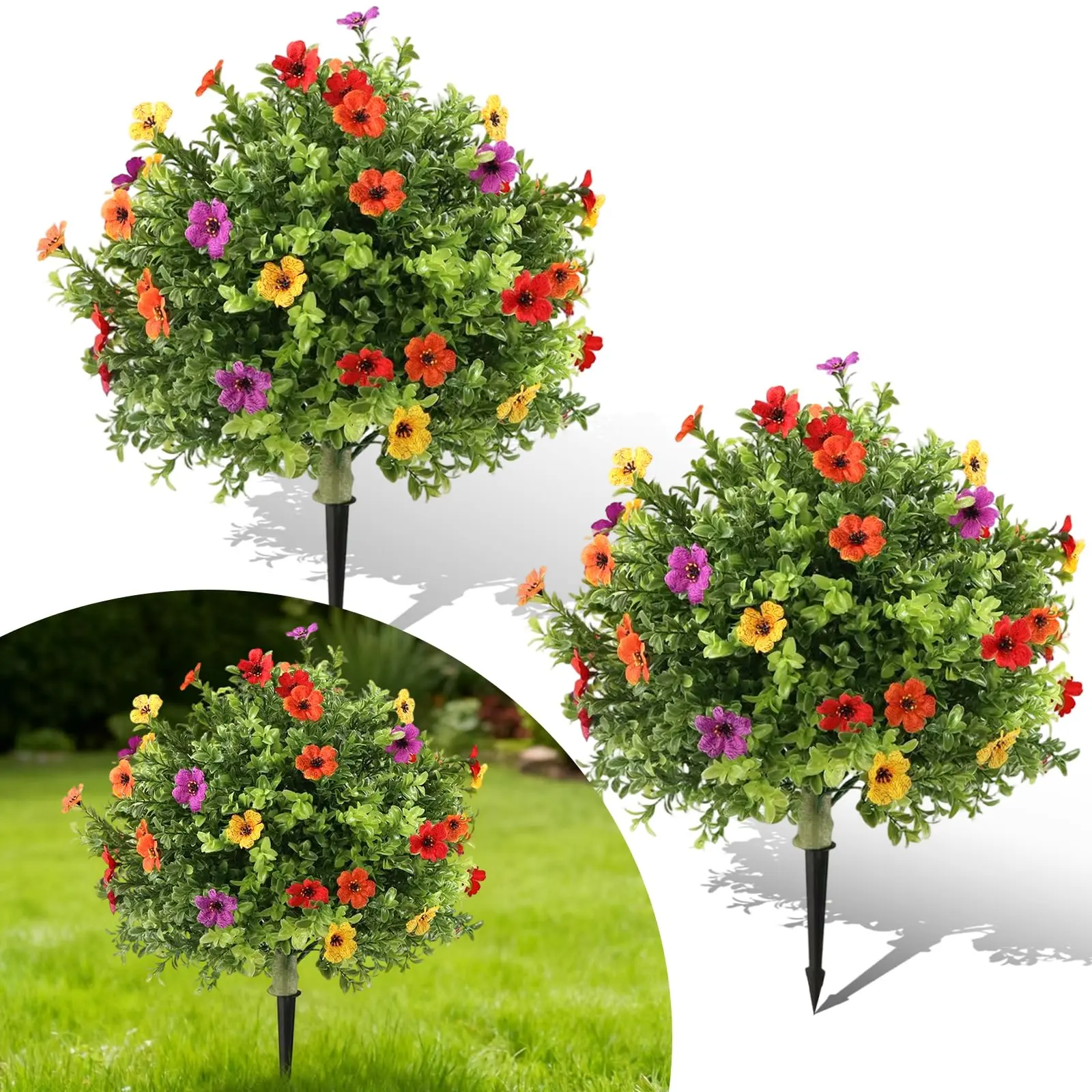 2Pcs 2Ft Artificial Boxwood Ball Topiary Trees with Flowers, Fake Outdoor Shrubs with Ground Spikes, Realistic Faux Plants for Porch Garden Patio Entryway Decor