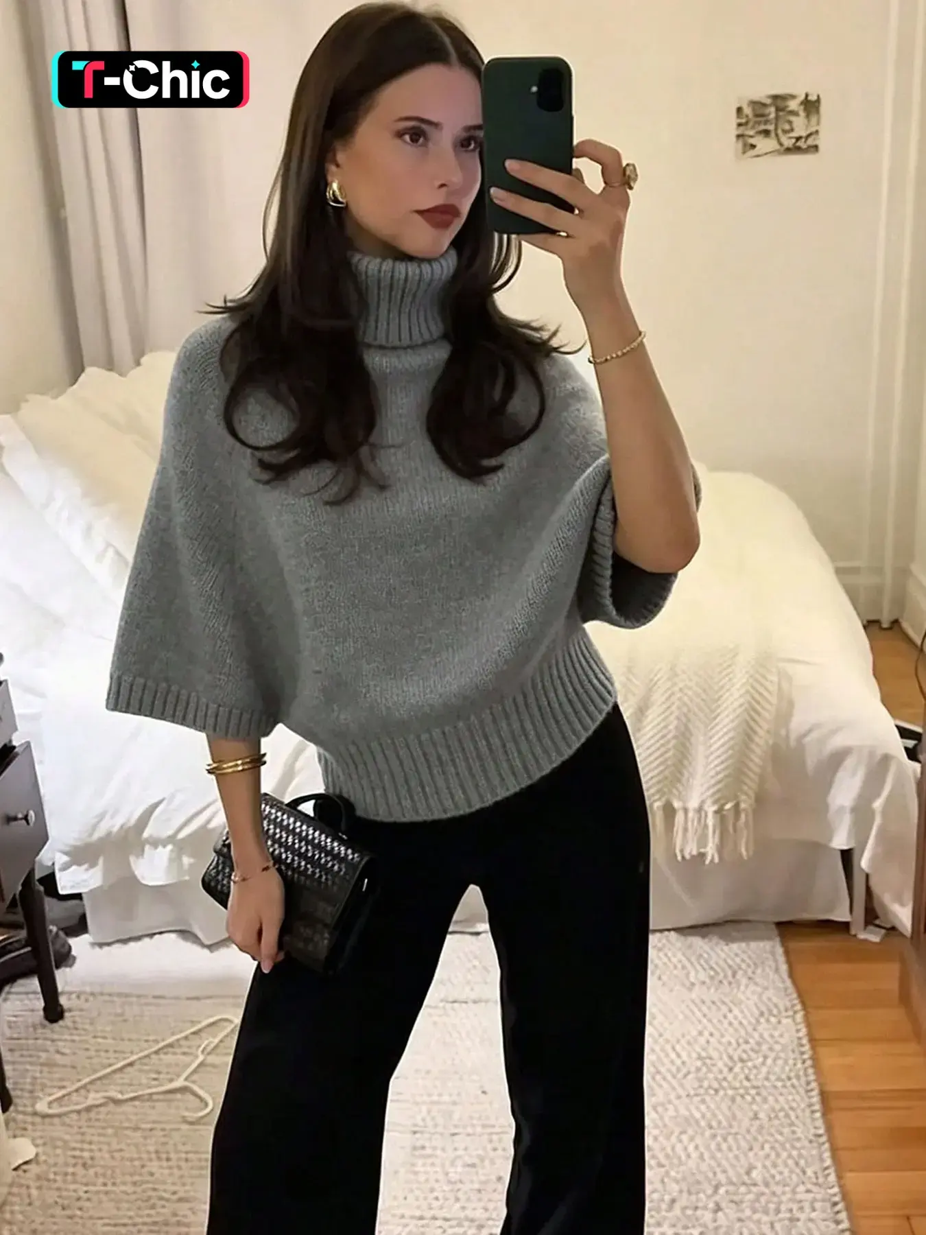 Women's High Neck Plain Batwing Sleeve Knit Sweater, Casual Loose-Fitting Fall & Winter Top, Elegant Commute Wear, Versatile Pullover