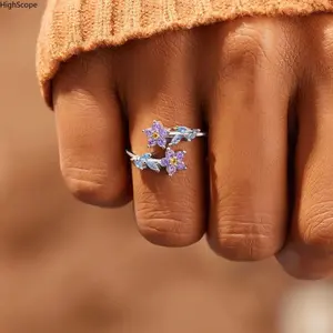 Adjustable Vintage Forget Me Not Floral Ring with Purple & Blue Stones, Daily Wear Anniversary Gift for Women