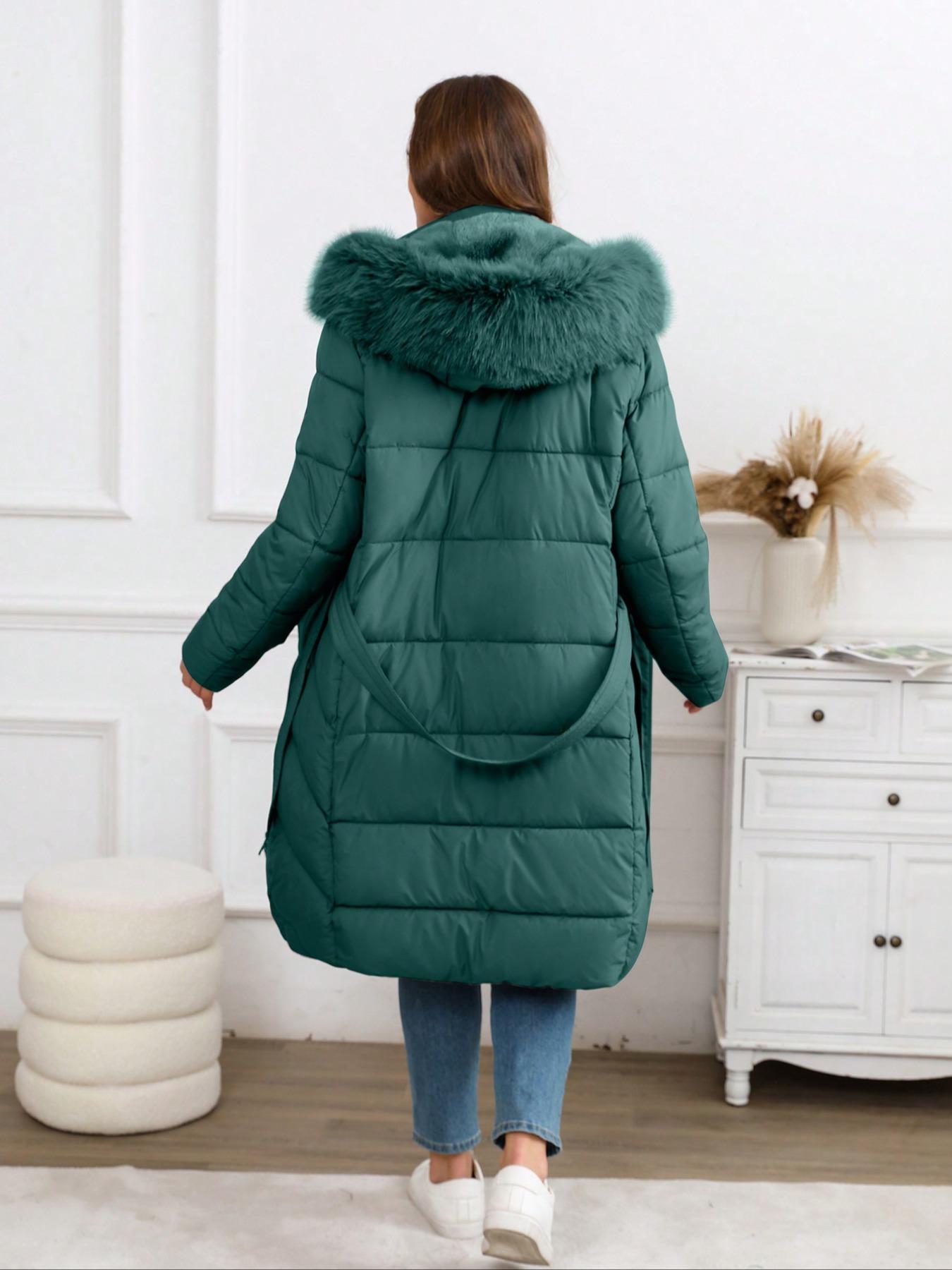 Women's Winter Cotton Jacket, Hooded Long Sleeve Warm Coat, Fitted Plain Style, Fall & Winter Fashion, Includes Belt