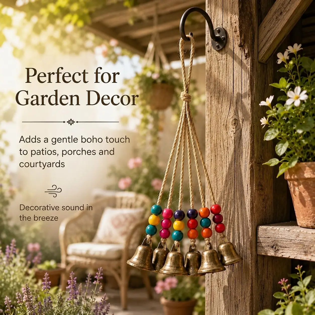 Handmade Bohemian Colorful Wood Bead Rope Bell Wind Chime, 18 Wooden Beads & 6 Vintage Copper Bells, Halloween Decor, Garden, Patio, Home Hanging Ornament