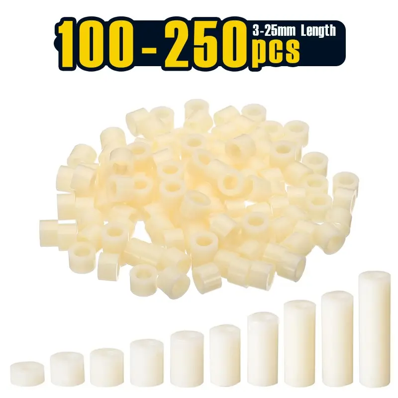 100-250 Pcs, M3 Electrical Outlet ABS Spacers, White 3.2mm ID, 7mm OD, 3-25mm Length Washer Spacer Assortment Plastic Round