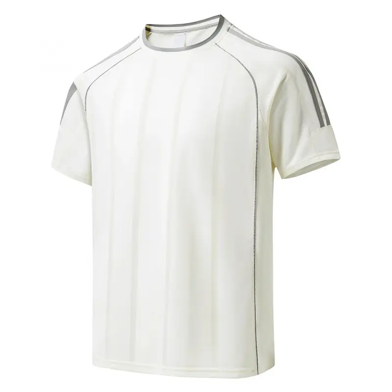 Men's Off-white Raglan Short Sleeve Crew Neck Sports T-shirt, Grey Contrast Stripe Trim On Collar And Shoulders Vertical Striped Jacquard Textured Fabric Regular Fit Quick-dry Breathable Athletic Top For Running Gym Training Daily   men's summert shirts