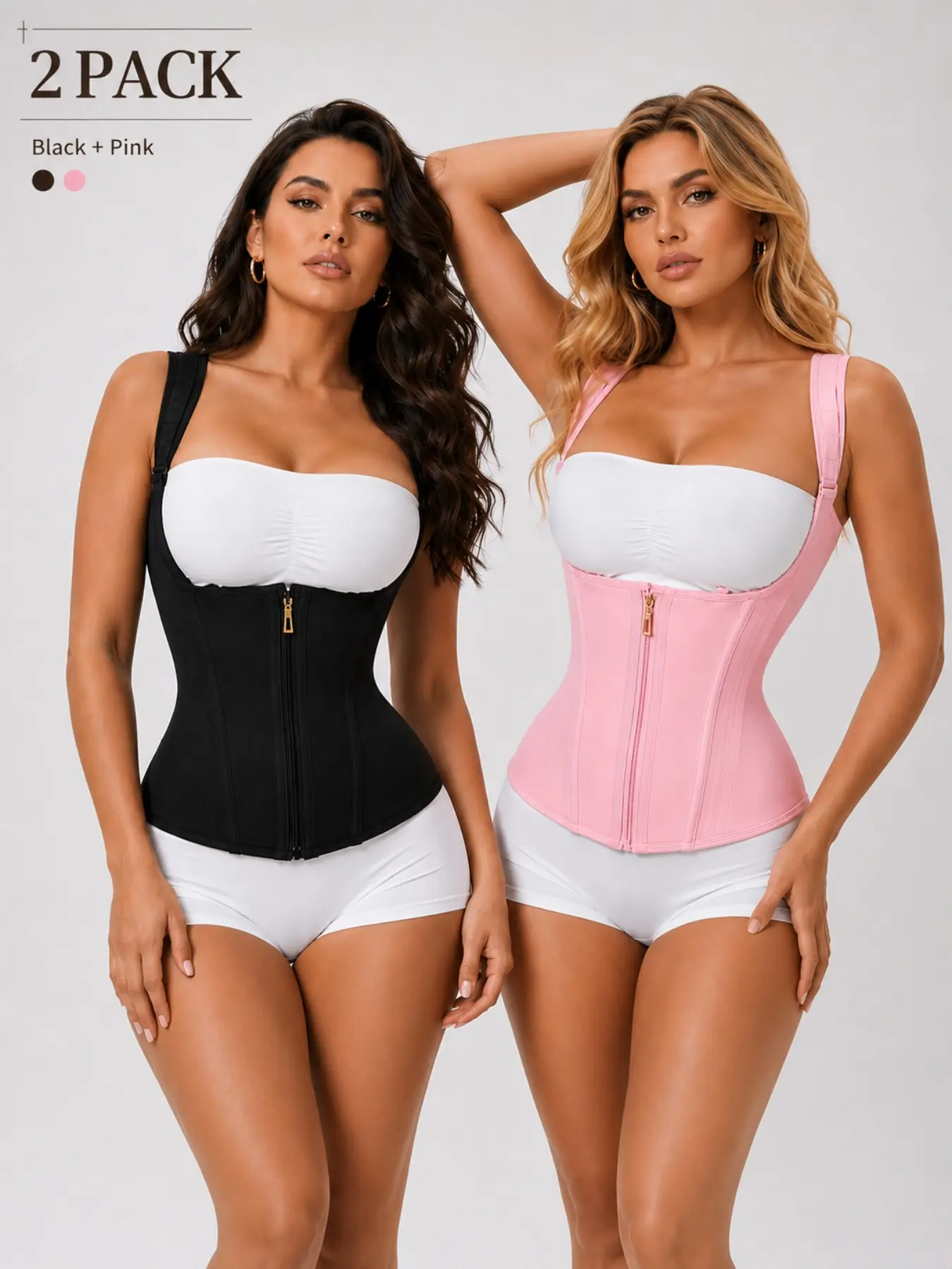 2-Pack Women's Solid Color Adjustable Hook and Zipper Shapewear Top, Waist Cinching Bodycon Bra, All Season Shapewear, Body Shapers, Valentine's Day Gift, Women's Clothing