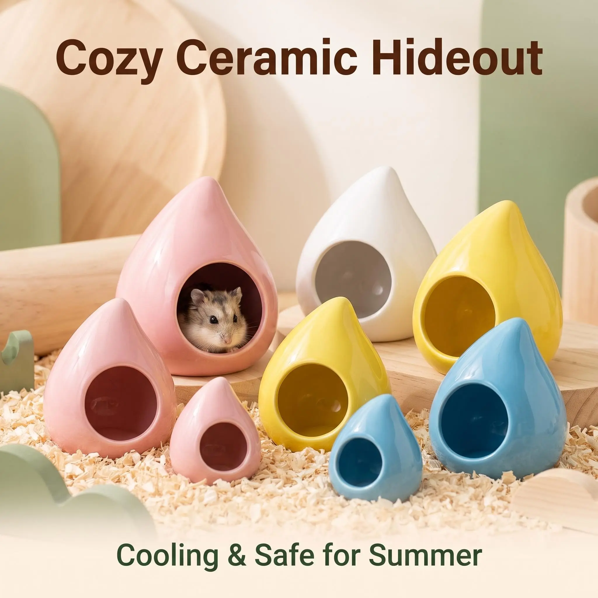 Water Drop Shape Ceramic Hamster House, Cooling Shelter for Small Pets, Multi-Color Options, Summer Cave for Golden Hamsters, Dwarf Hamsters, Sand Rats, Small Mice
