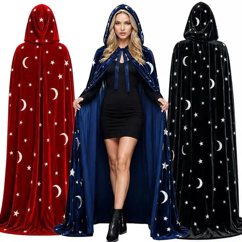 Halloween Star And Moon Velvet Hooded Cape Cloak, Soft Glossy Printed Cosplay Robe, Tie Front Wizard Witch Costume Outerwear, Versatile Themed Garment For Holiday Parties, Night Cosplay Events, Spooky Role Play And Festival Styling,SohoChic