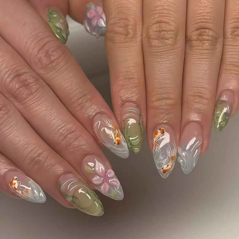 24pcs Long Almond False Nails, New Chinese Style, Hand-Painted Koi Lotus Gradient, Elegant Nail Art for Dates and Commutes, False Nail Set