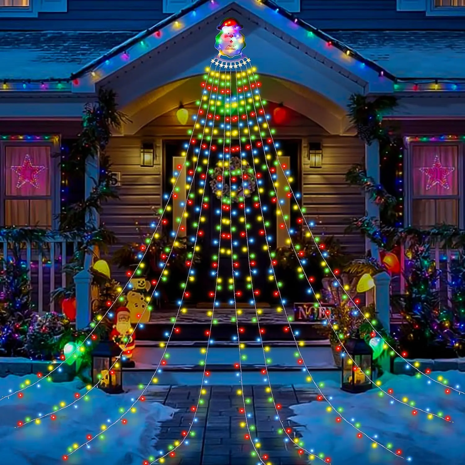 Christmas Waterfall Outdoor String Lights, Christmas Tree Lights with Topper 335 LED 11.48ft 9 Strands, 8 Lighting Modes Holiday  Year Decoration Lights for Wedding Yard Party  Indoor Decor