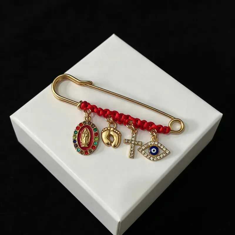 Red rope brooch with diamond inlay, vintage alloy pin, evil eye cross pendant, clothing pin, large safety pin, accessory.