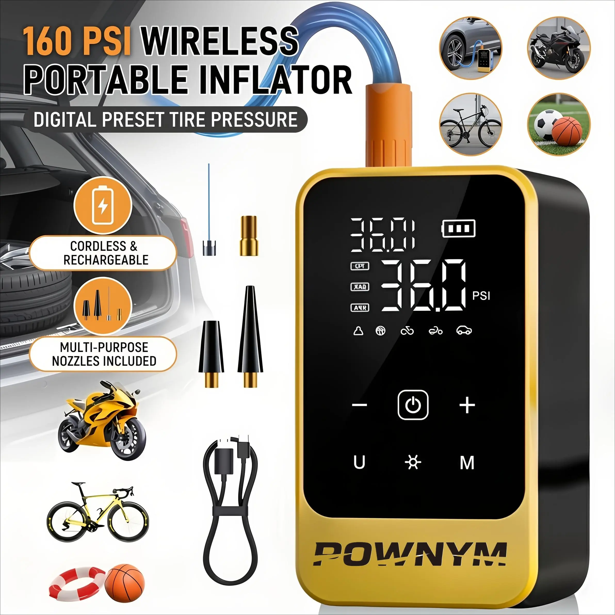 Pownym Portable Air Pump, Cordless Tire Inflator with Digital Display & LED Light, Auto-Stop at Preset Pressure, Multi-Mode for Car/Motorcycle/Bike/Swimming Ring/Ball, Compact & Lightweight