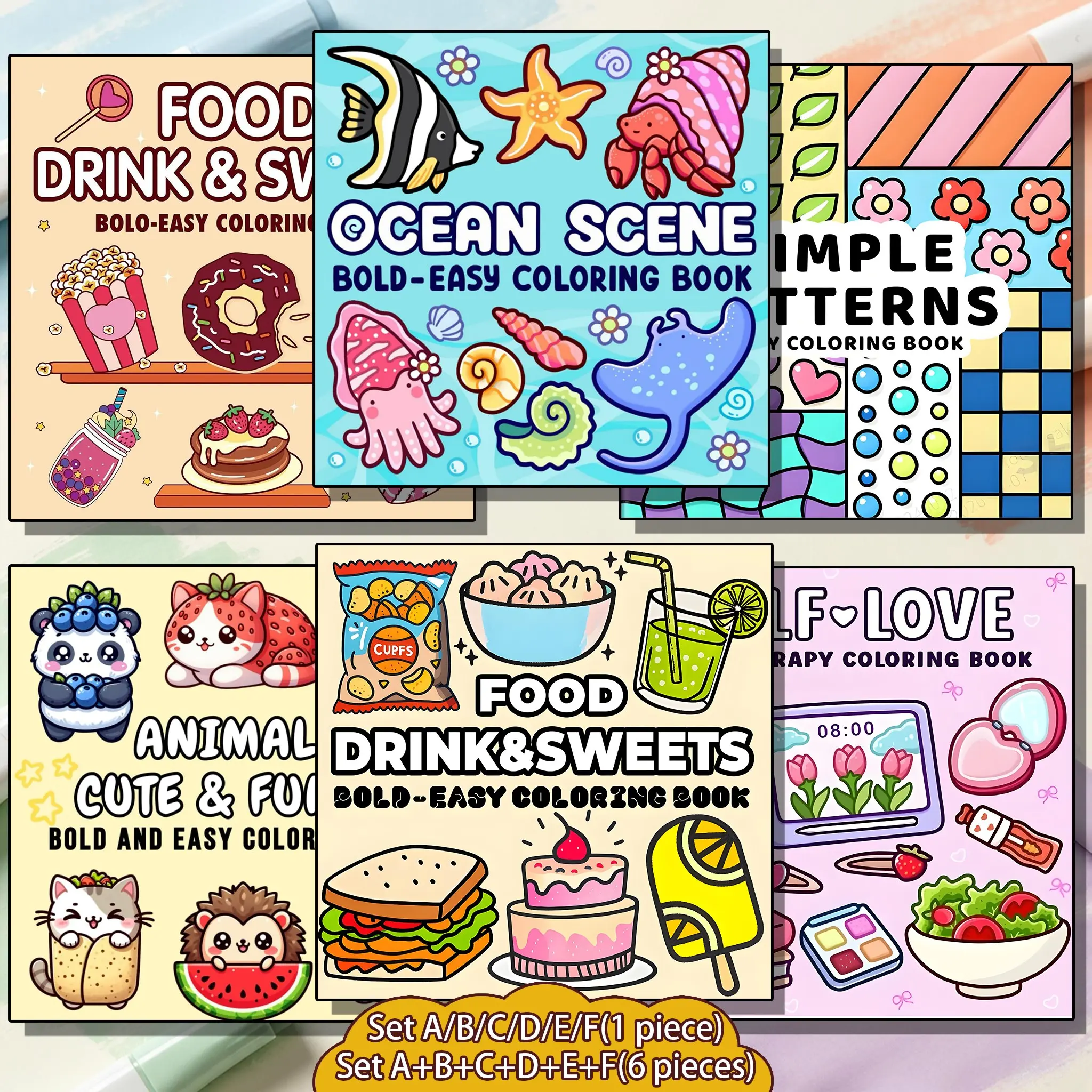 1/6-Piece Cute Theme Coloring Book Set, Ocean Scene, Fun, Sweets, Drink, Stress Relief Coloring Gift Book for Kids, Ideal Art Supplies for Daily Drawing, Travel and Bedtime Activities,Creative DIY Coloring Book,Coloring Pages for Kids,Festival gifts