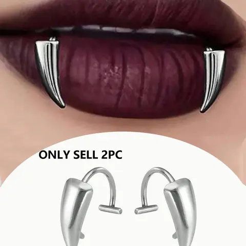Gothic Stainless Steel Vampire Fangs Lip Rings Set, Halloween Cosplay Unisex Party Body Jewelry