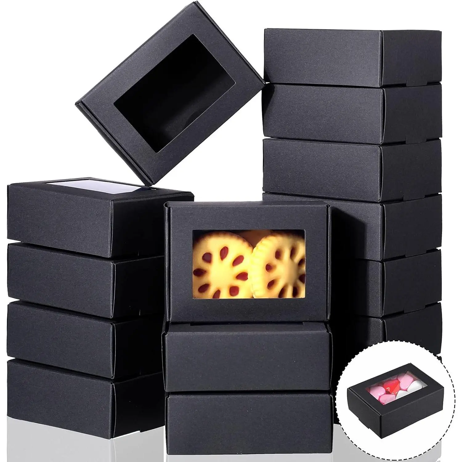 30 Pcs Soap Boxes for Homemade Packaging, Mini Kraft Boxes with Window for Bakery Candy Soap Making Gift Packaging, 3.7x2.6x1.4 Inch (Black)