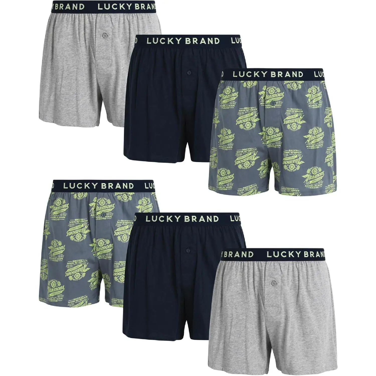 Lucky Brand Menswear Men's Loose Traditional Boxer Shorts - 6-Pack Super Soft Knit Relaxed Fit Cotton Underwear with Button Fly, 4" Inseam for Natural Day Wear, Set