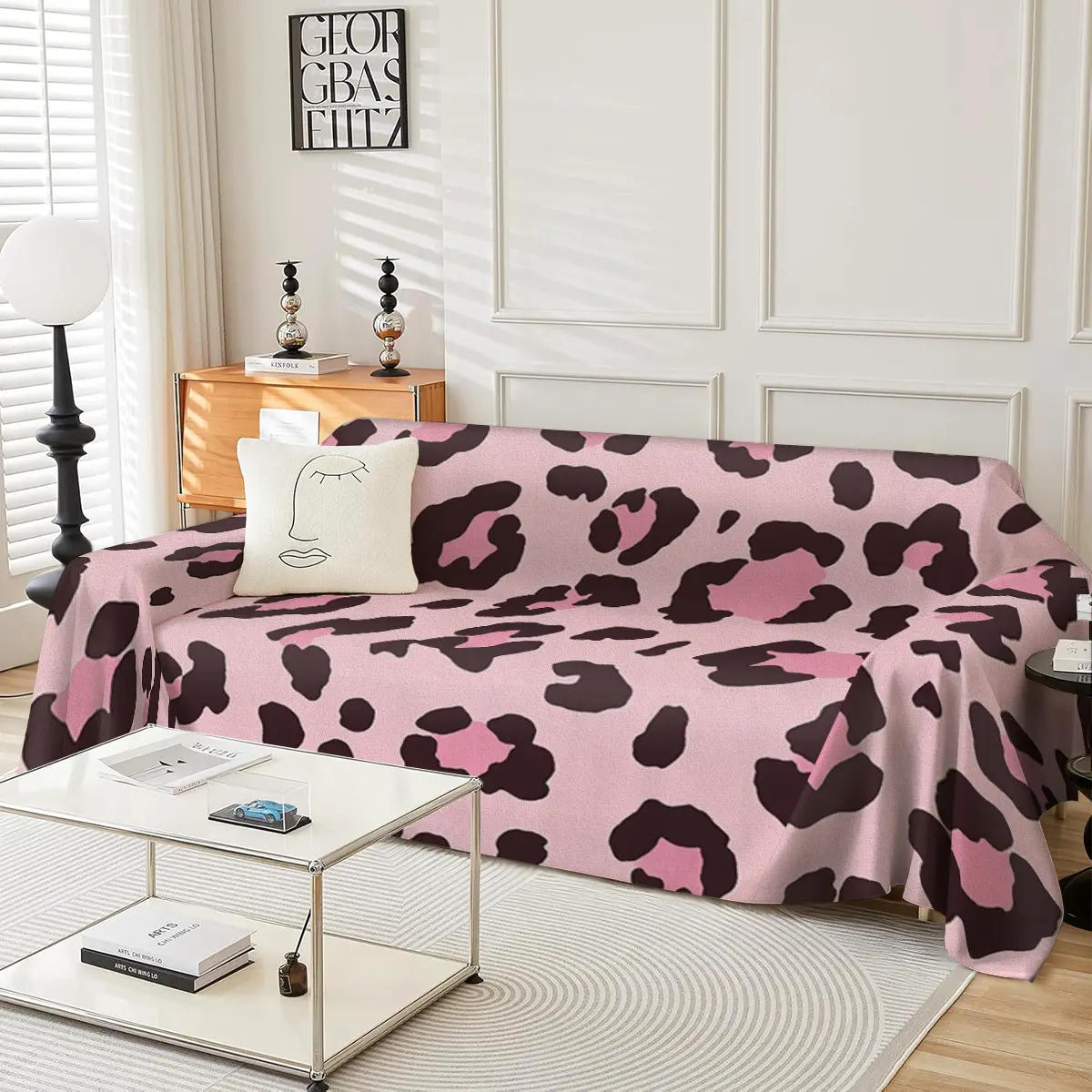 Pink background leopard print sofa cover, machine washable sofa towel suitable for all seasons, suitable for decorating sofas in living rooms and bedrooms