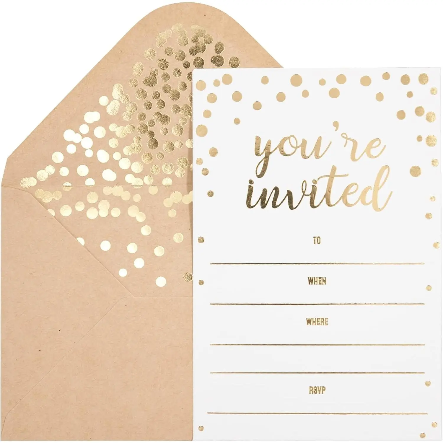 50 Pack Elegant Invitation Cards with Gold Foil "You Are Invited" Lettering for Wedding, Bridal Shower, Baby Shower & Birthday Parties - 52 Kraft Envelopes Included, 4" x 6"Gift