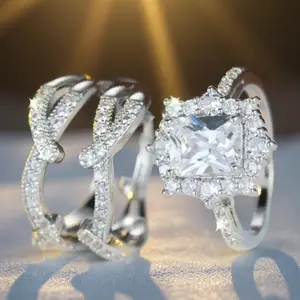 2-Piece Princess-Style Shiny Multi-Layer Square Couple Rings Synthetic  Stackable Rings Bride Engagement Promise Wedding Anniversary Birthstone Rings Valentine's Day Christmas Gifts High-Quality Jewelry for Women