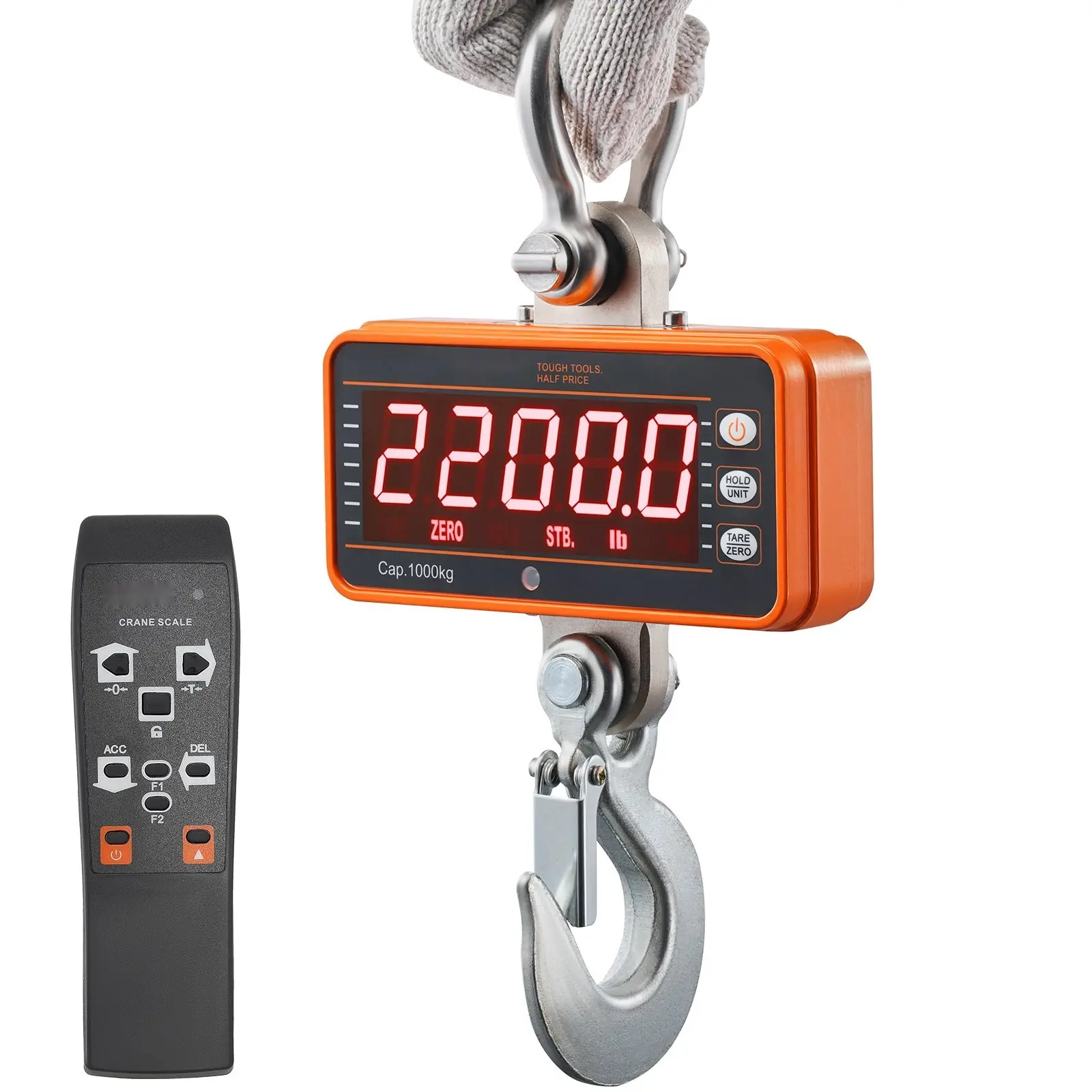 Industrial Digital Crane Scale (Orange) - 2200 Lbs/1000 Kg High Precision, Cast Aluminum Case, LED Display Screen, Remote Control, for Construction Sites, Outdoor Use