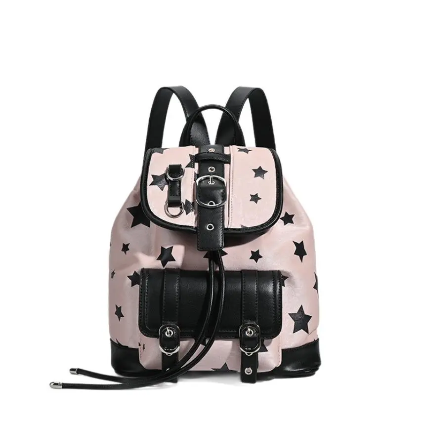Preppy Style Casual Oxford Cloth Backpack for Girls - Cute Black Star Prints, Milk Tea Pink Lightweight Daypack for Casual Outings, Travel, Backpacks For School, Sweet, Milk Tea Pink Fabric, Cross-Border Trend