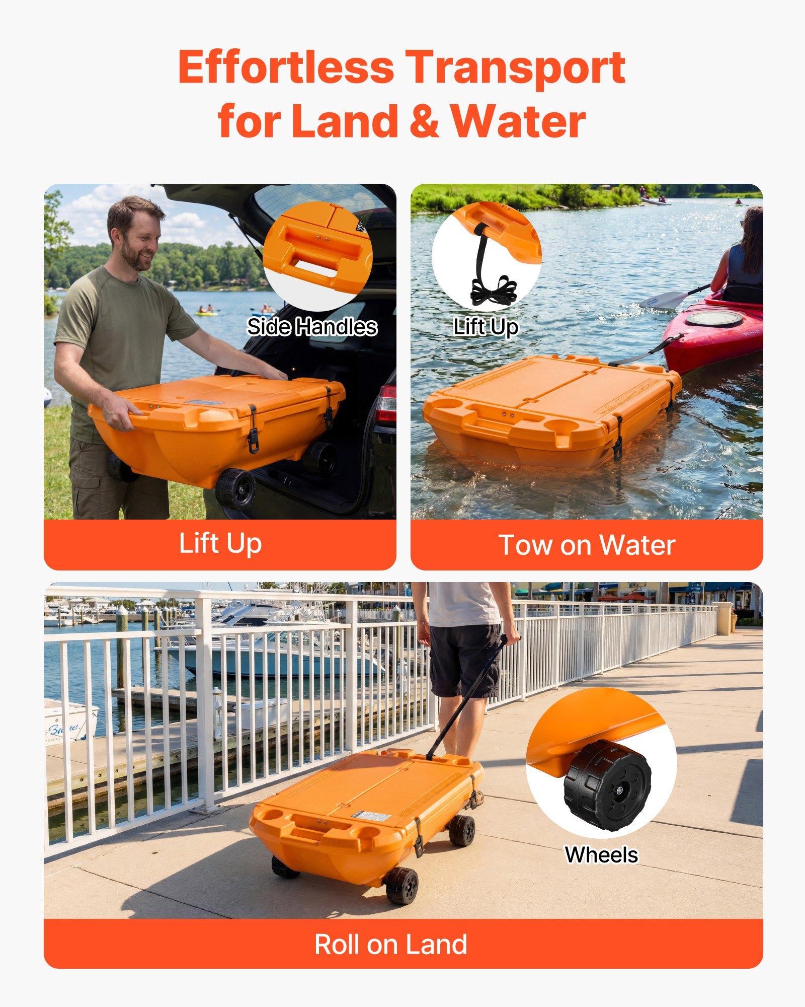 VEVOR Floating Cooler, 40 QT Floating Ice Chest with Dry Storage, Wheels & Tow Rope, Premium LLDPE Amphibious Drink Cooler for Water & Land, Cruise Stable on Lake, River, Pool, Beach, Kayak, Orange