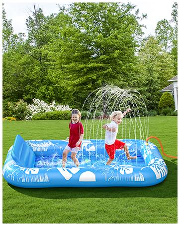 Inflatable Tanning Pool Lounger Float with Sprinkler, 77" x 48" Pool Floats Adult with Pillow, 6 in 1 Suntan Tub Raft Floatie with Drink Holder Sunbathing Water Lounge, kids play, splash pads