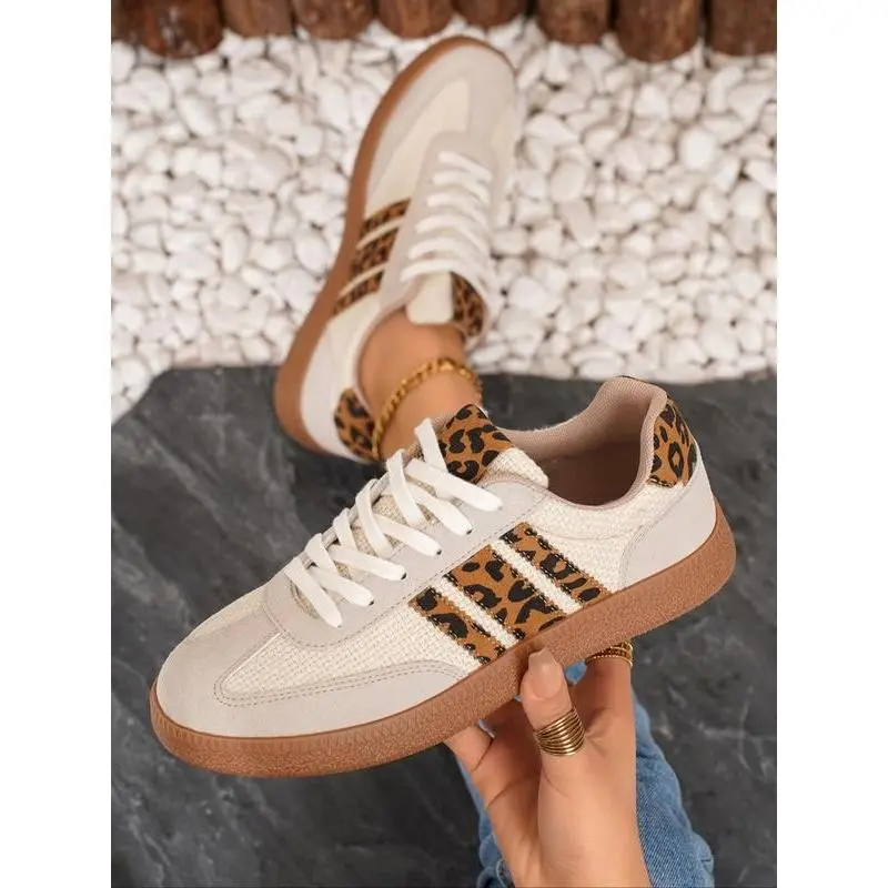 Women's Beige & Leopard - Print Color - Block Lace - Up Sneakers, Casual Walking Shoes, Stylish Daily Commute & Outdoor Event Footwear, Comfortable Breathable Fashion Trainers, Versatile All - Match Leisure Shoes, Low Top Trainer, Sports Shoes