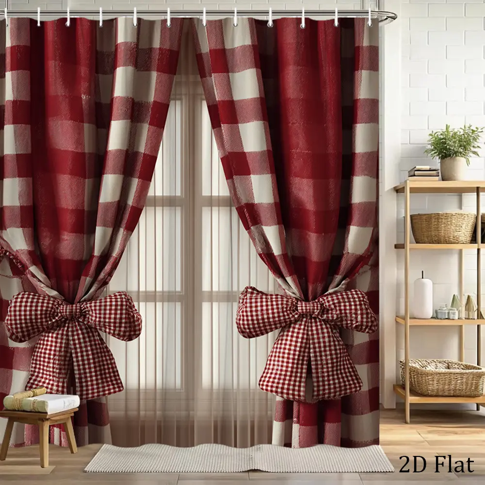 2D Flat 1Pc Holiday Plaid Bathroom Shower Curtain, red and white plaid pattern bathroom decoration. Bathtub partition curtain, 70.8X 70.8inch, includes 12 hooks. Suitable for a comfortable home