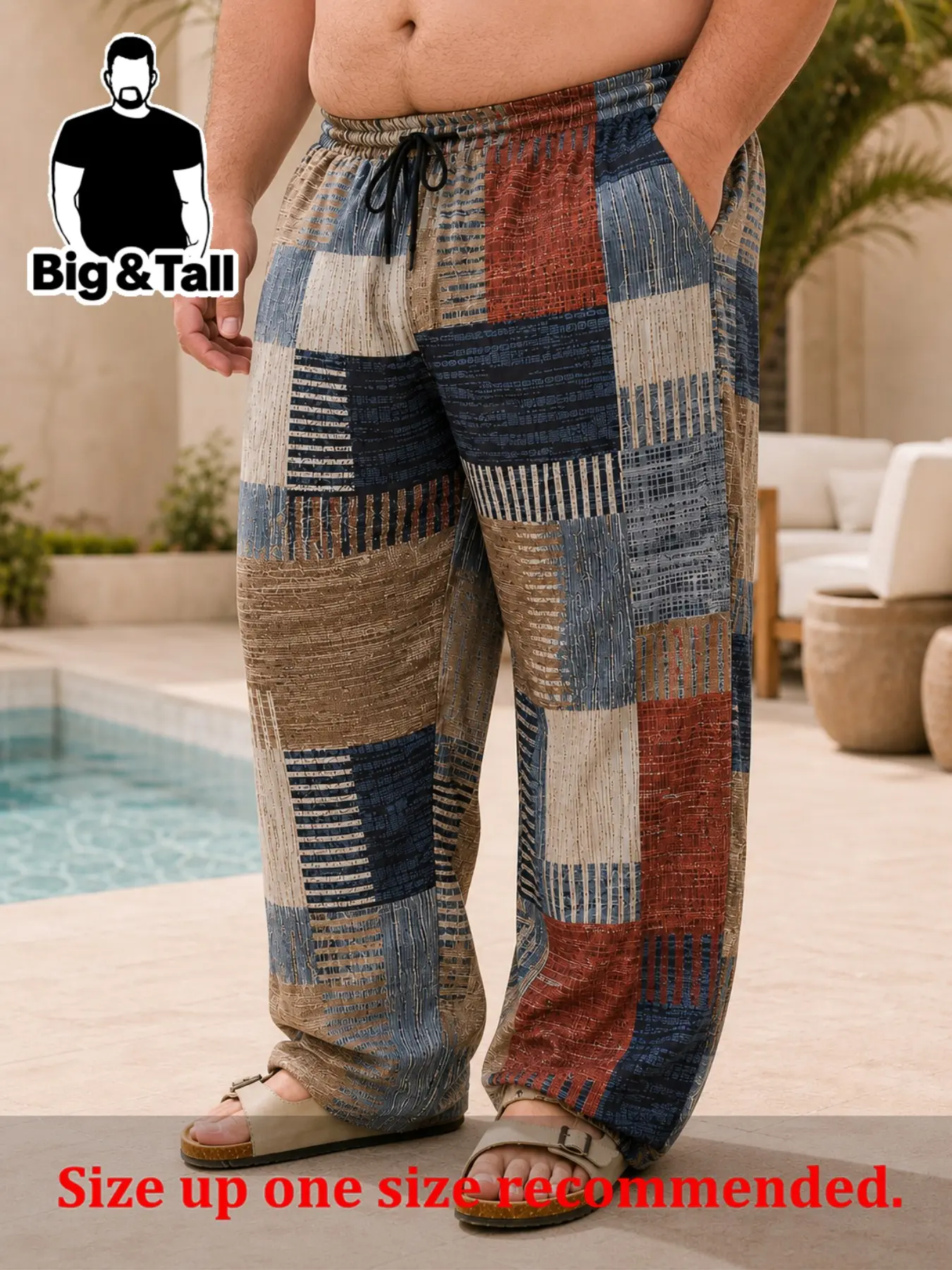Large Size Men's Patchwork Print Colorblock Casual Pants, Loose Fit Fall Long Trousers, Fashionable Menswear for Daily Wear and Comfort