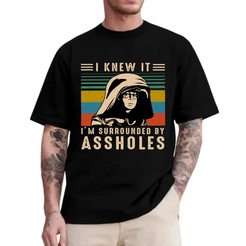 Men's Casual Fitted Round Neck Shortsleeve Cotton Graphic Top - Casual Wear Clothes, "I Knew It I'm Surrounded" Dark Helmet Spaceballs Inspired Unisex Menswear T-Shirt