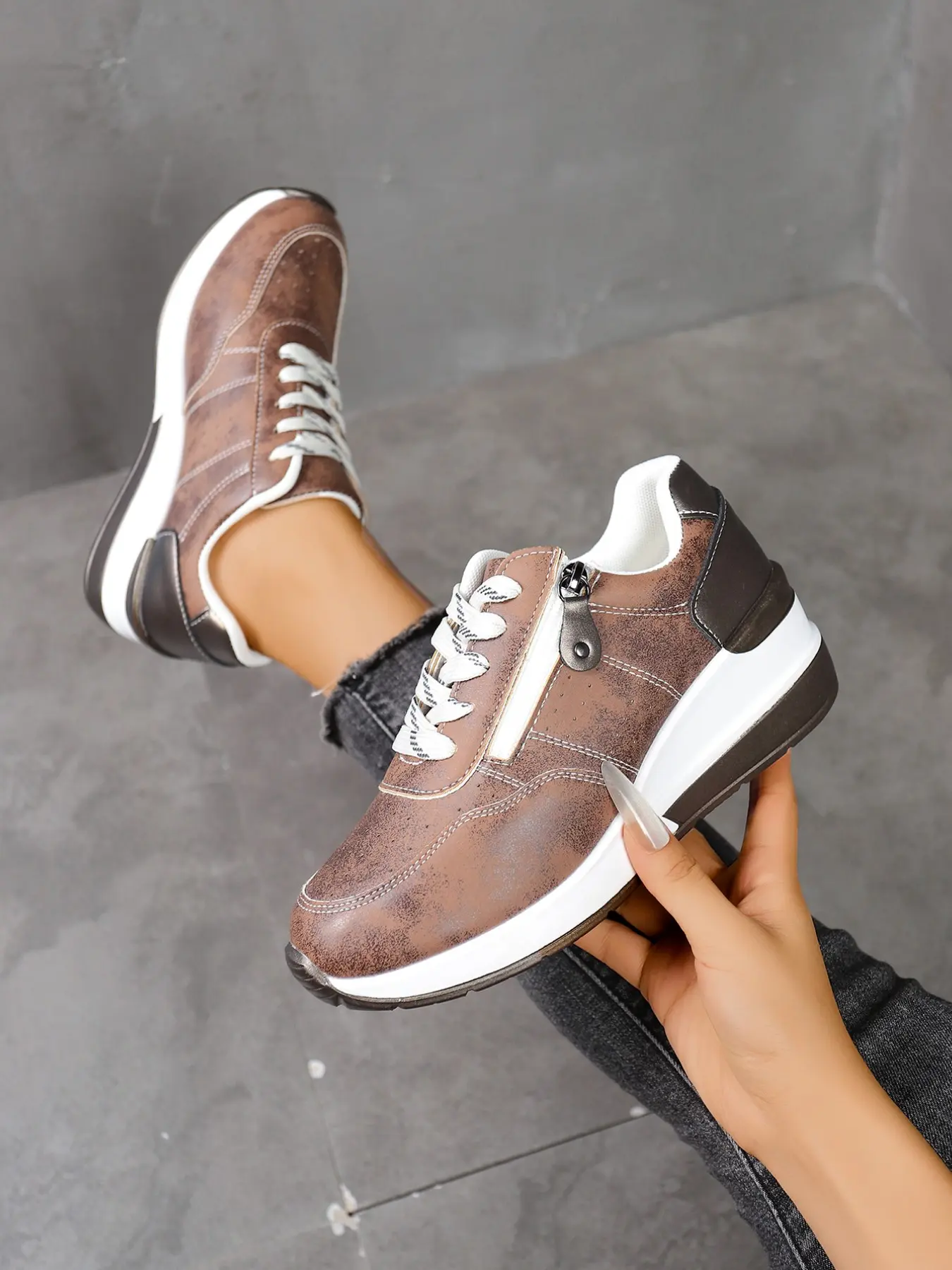 Women's Retro Colorblock Slip-On Casual Low Top Side Zipper Wedge Sneakers, Thick Sole Height-Boosting Lightweight Anti-Slip Agony Shoes, Casual Footwear