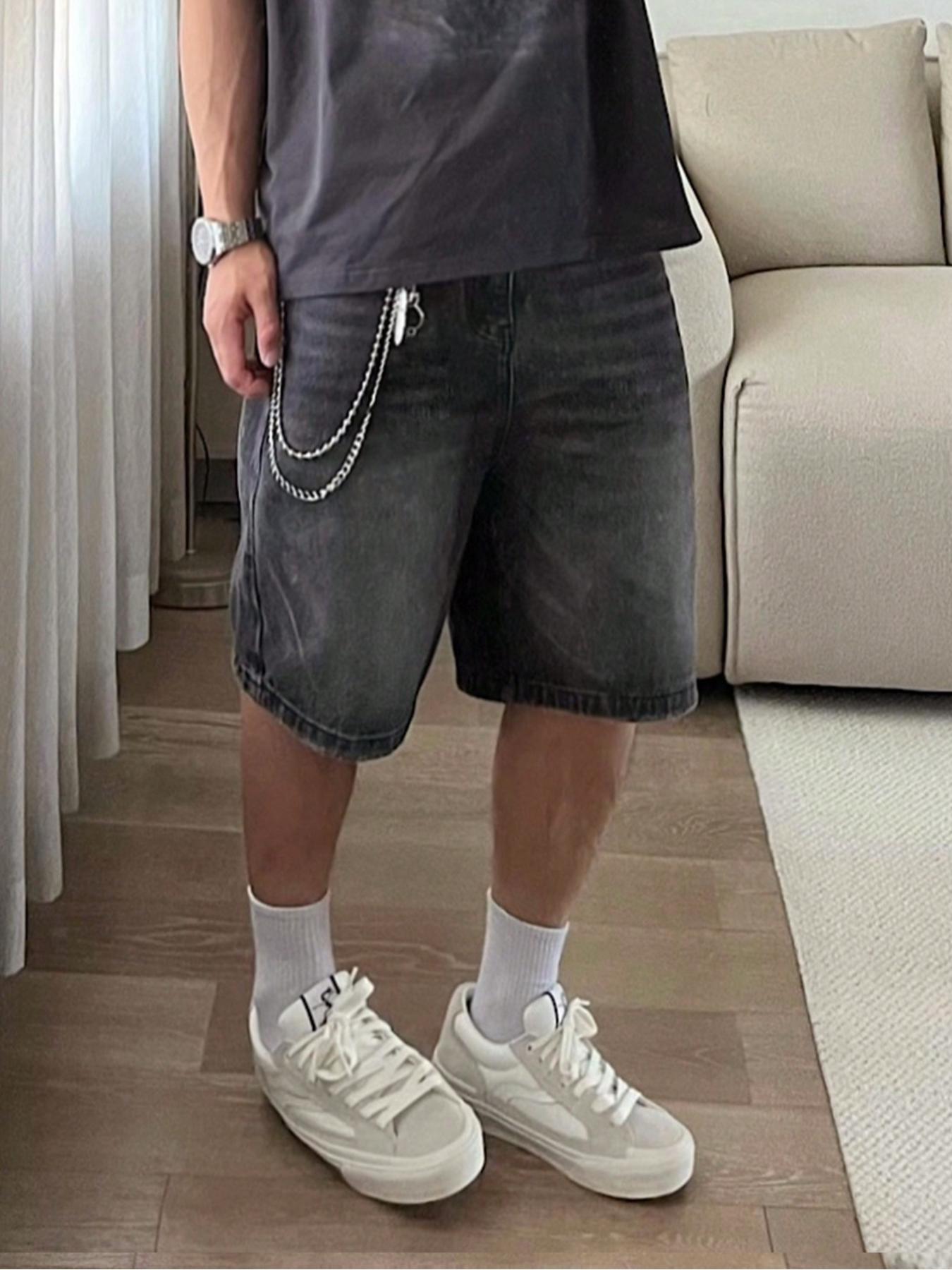 Men's Wide Leg Denim Shorts(Without Metal Chain), Denim Bermuda Shorts, Loose Street Fashion Casual Comfy Pocket Denim Shorts for Daily Wear, Woven Bottoms for All Seasons