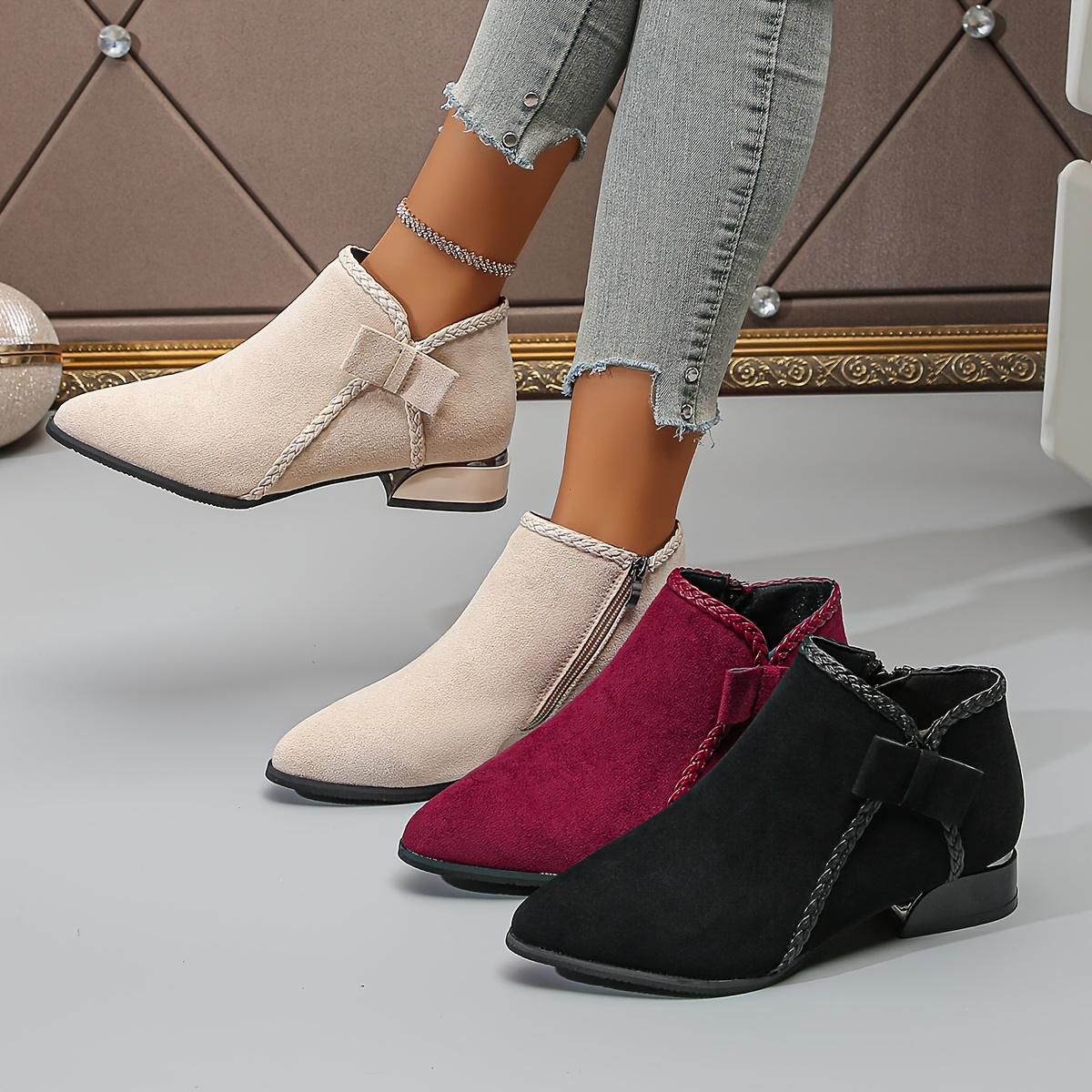 New Autumn/Winter Women's Mid-Heel Ankle Boots, Pointed Toe Single Boot with Bow, Fashionable and Versatile, Chunky Heel, Side Zipper, Women Shoes