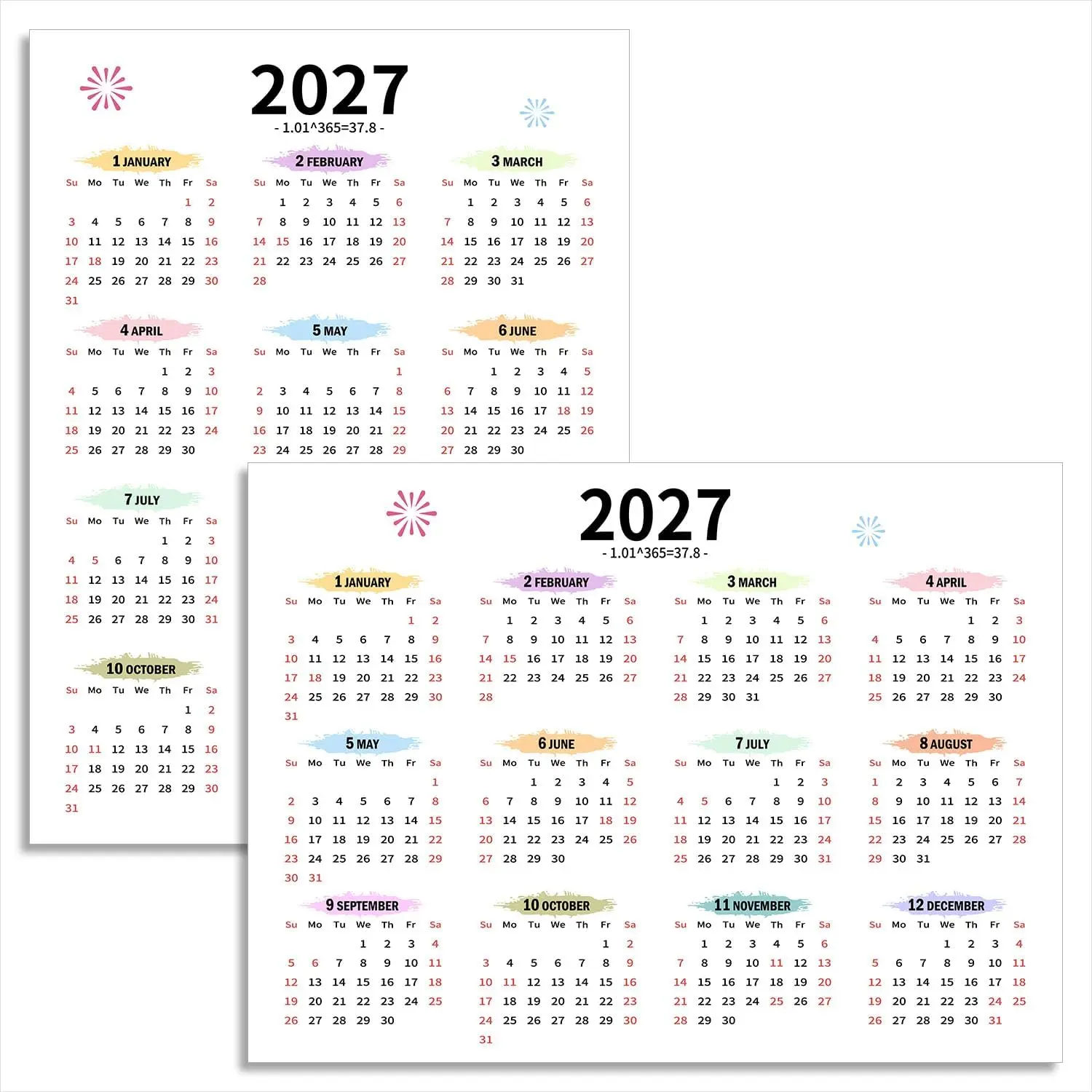 Page Calendar Planner 2027 A4 Monthly Full Yearly Wall Calendar 2027 Poster Annual 12 month for fridge desk school classroom office  girls boys cute funny January June July August December Small Paper, Horizontal/Vertical
