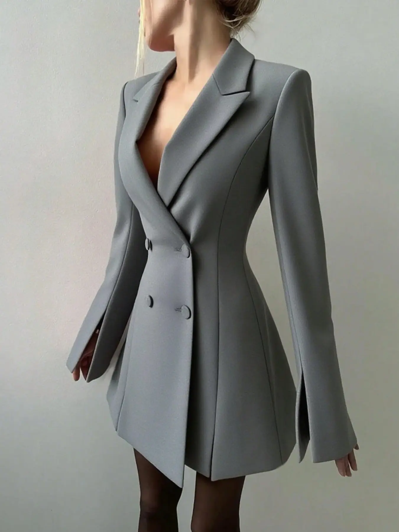 Waist-Cropped Suit Dress for Women, Double Button Split Long Sleeve Design, Elegant Office Wear, Stylish Business