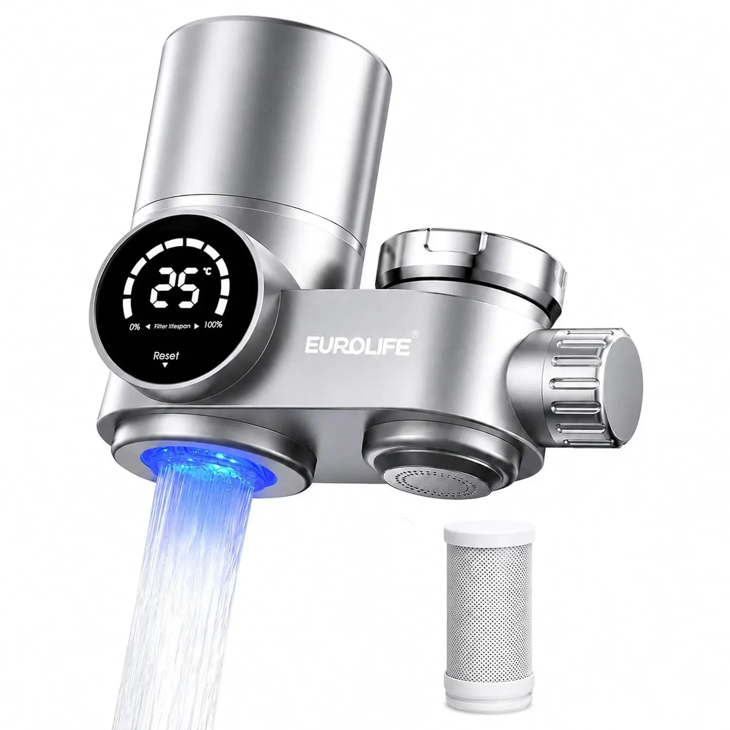 Combo Faucet Mount Water Filter, LED Sink Water Filter with UV Light and Real Time Filter Life Indicator, Carbon Filter 8 Level fine Filtration (Includes 1 Carbon Fiber Filter Core)