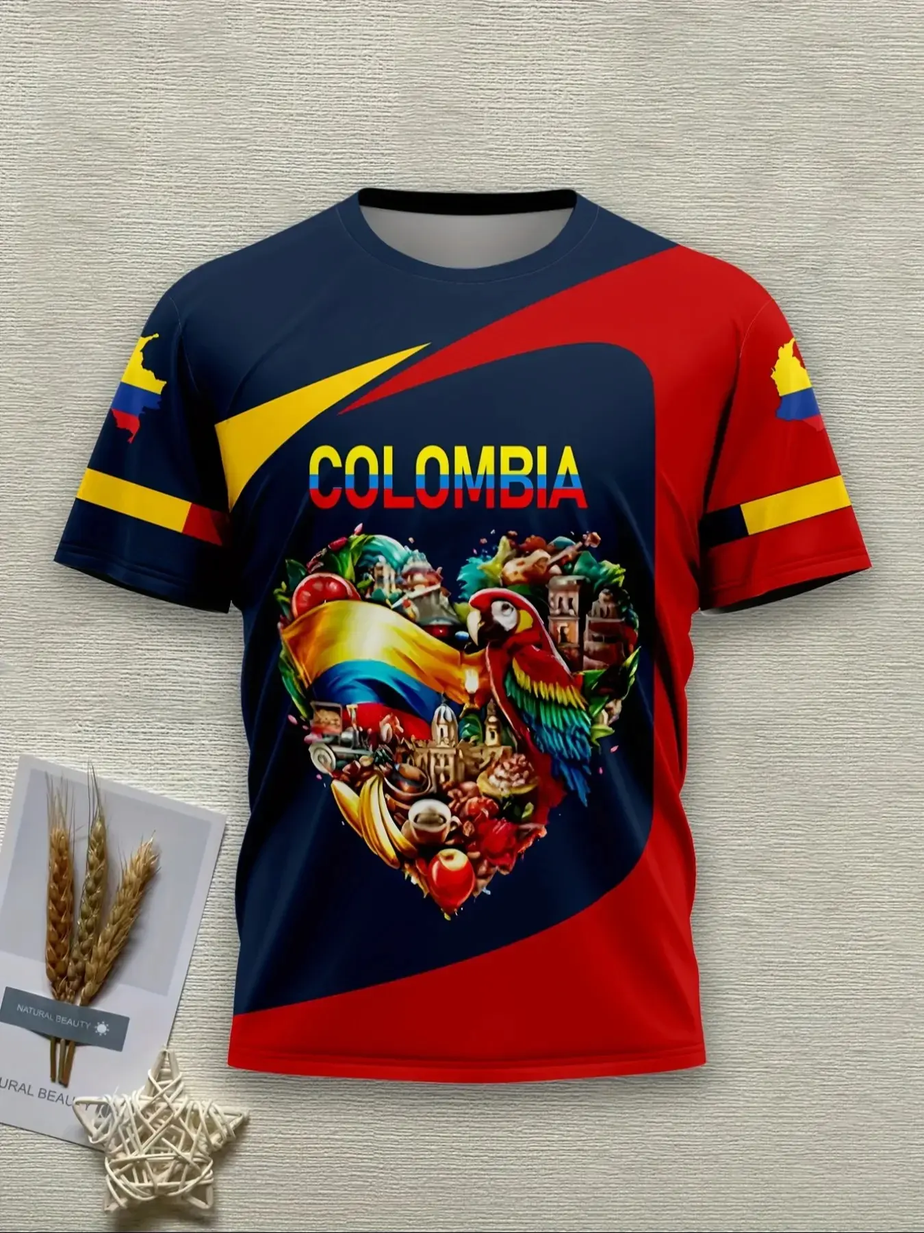 Men's New 3D Printed Columbia Slim Fit T-Shirt, Casual Round Neck Short Sleeve Top, Vibrant Tropical Pattern Design, Street Style