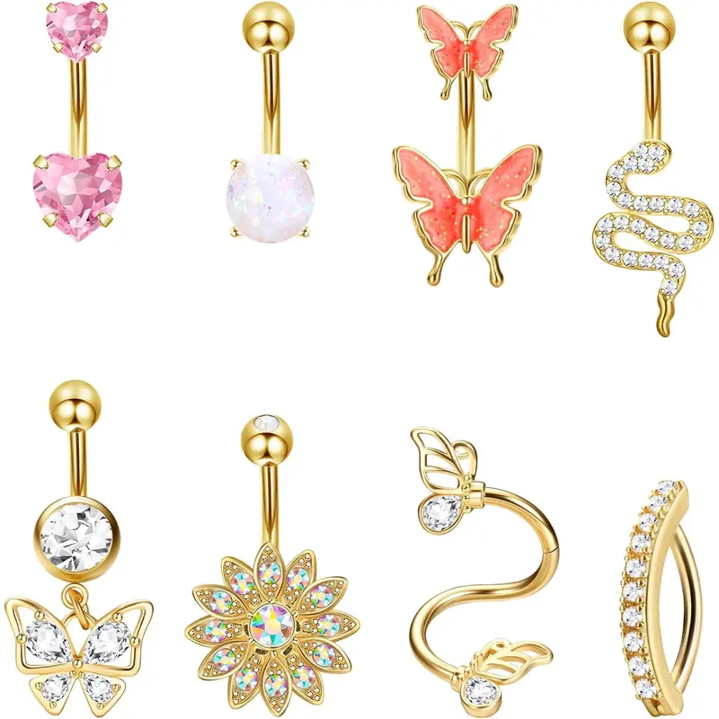 MILACOLATO 8PCS Belly Button Ring Surgical Stainless Steel Belly Button Rings for Women Dangle Belly Button Rings Butterfly Cubic Zirconia Body Piercing Jewelry