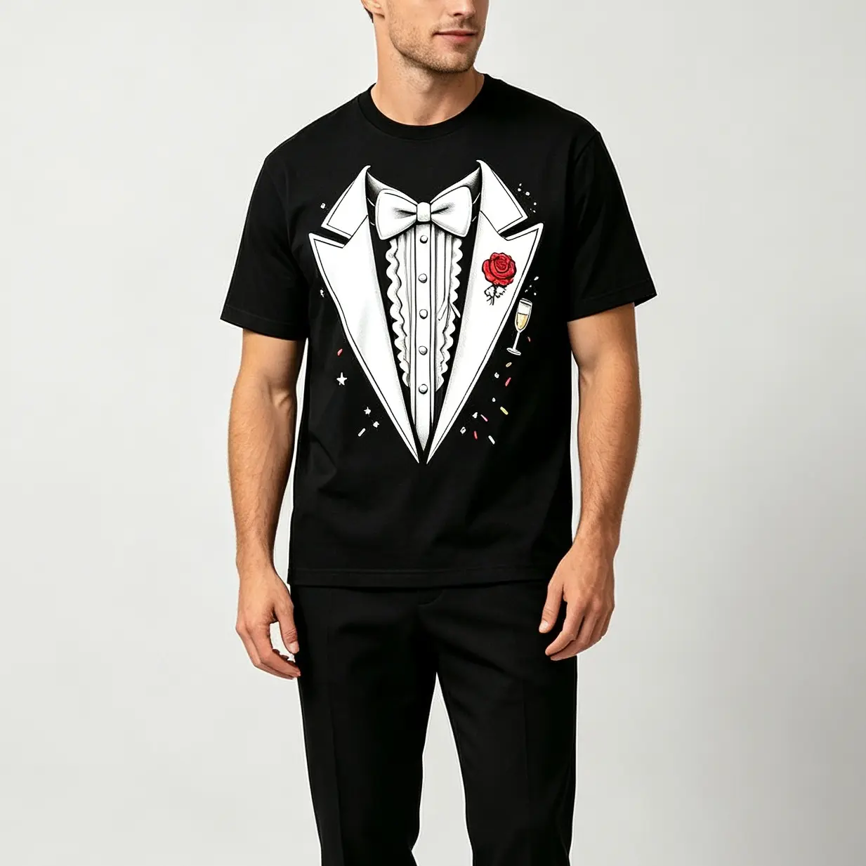 Men's Fake Tuxedo Graphic T-Shirt - Rose Champagne Print, Short Sleeve, Breathable Cotton Fabric, Funny Wedding Dinner Party Outfit, Casual Menswear Top