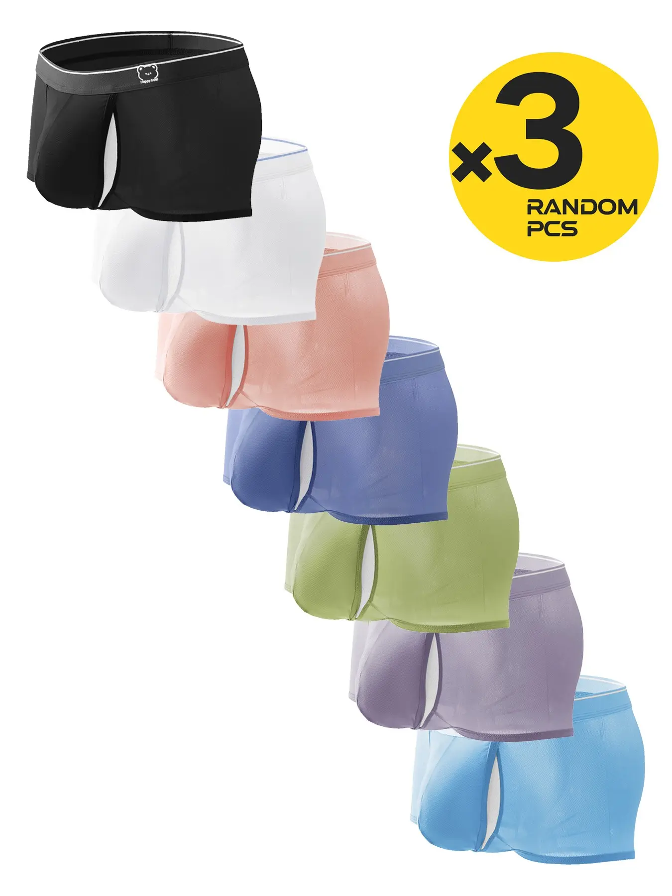 2/3/4Pcs Men Solid Boxer Briefs In Random Colors, Cool Breathable Fabric, 3D Pouch Design, Cute Bear Decoration At Waistband, Versatile Underwear For Outdoor Sports, Fitness & Daily Leisure
