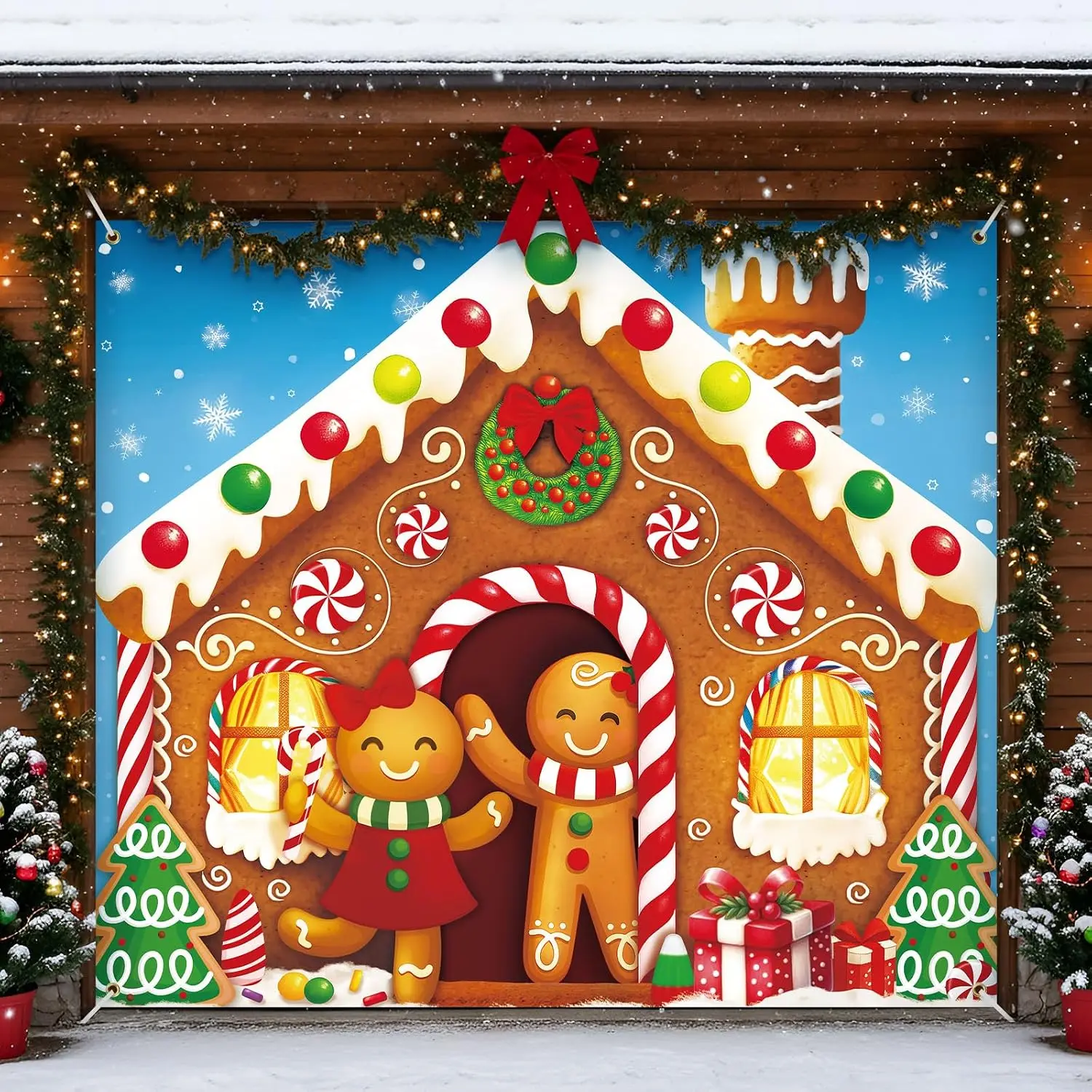 Christmas Garage Door Banner Decoration  Double Garage Door Covers Large Xmas Backdrop Decorations for Holiday Indoor Outdoor Party Decor(7 x 8 ft,Gingerbread House)