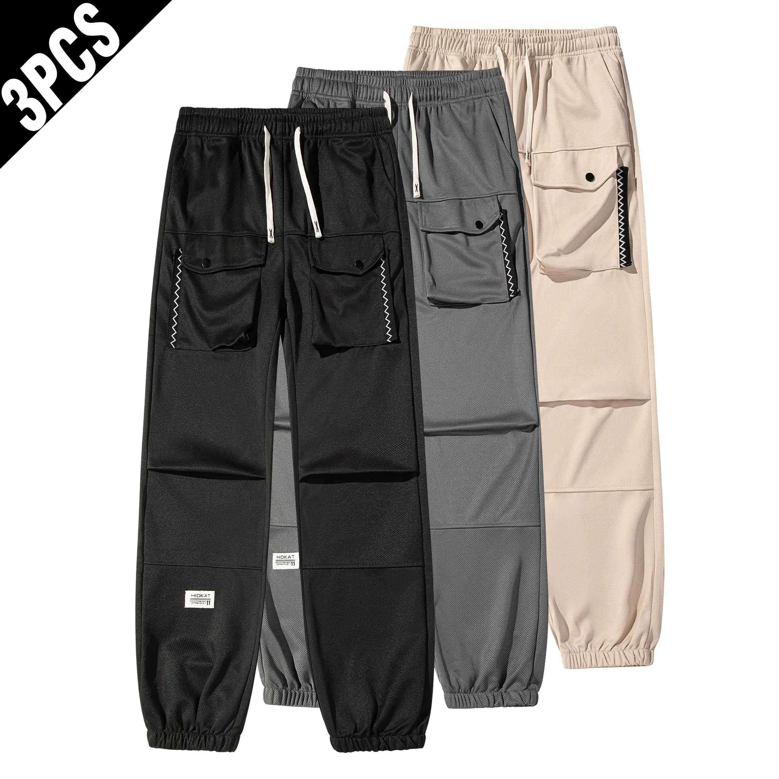 Men's 3-Pack Stitched Cargo Jogger Sweatpants - Multi-Pocket, Label Decor, Cuffed, Elastic Drawcord, Loose-Fit, Casual Streetwear, Men's Cargo Pants