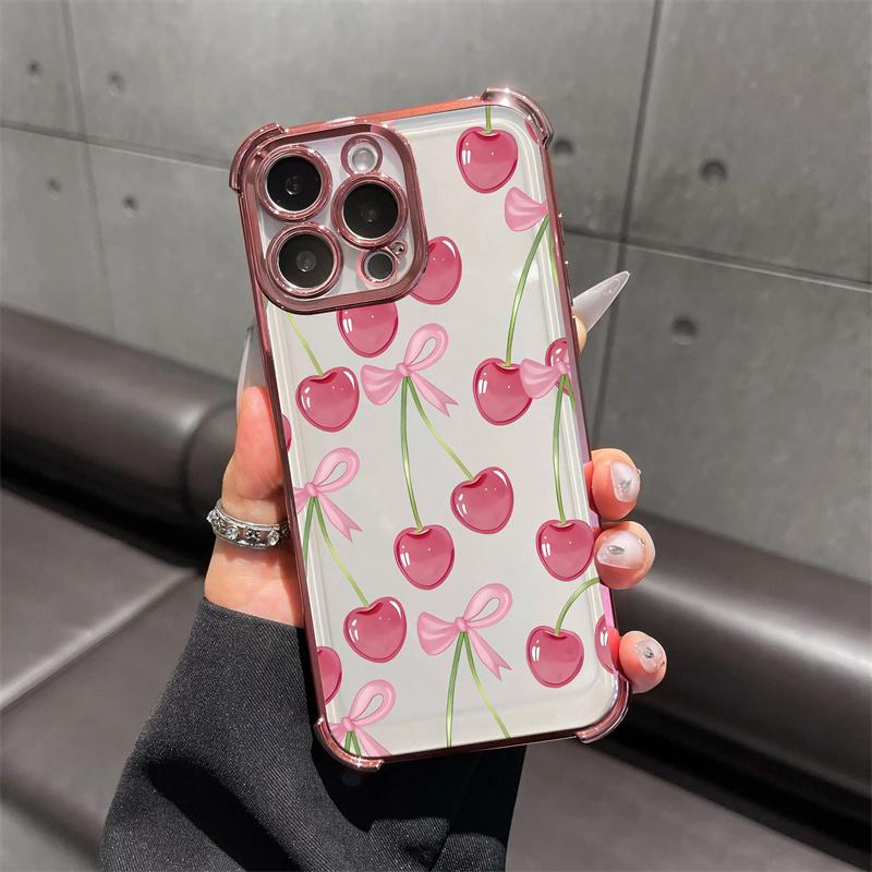 Cherry leopard print bow pattern four-corner shockproof transparent electroplated protective phone case for iPhone 17 Air 16Pro Max 15 14Plus 13 12 11 XS Samsung Galaxy S26 Ultra S25 Plus S24 FE S23,Simple and stylish.HM178