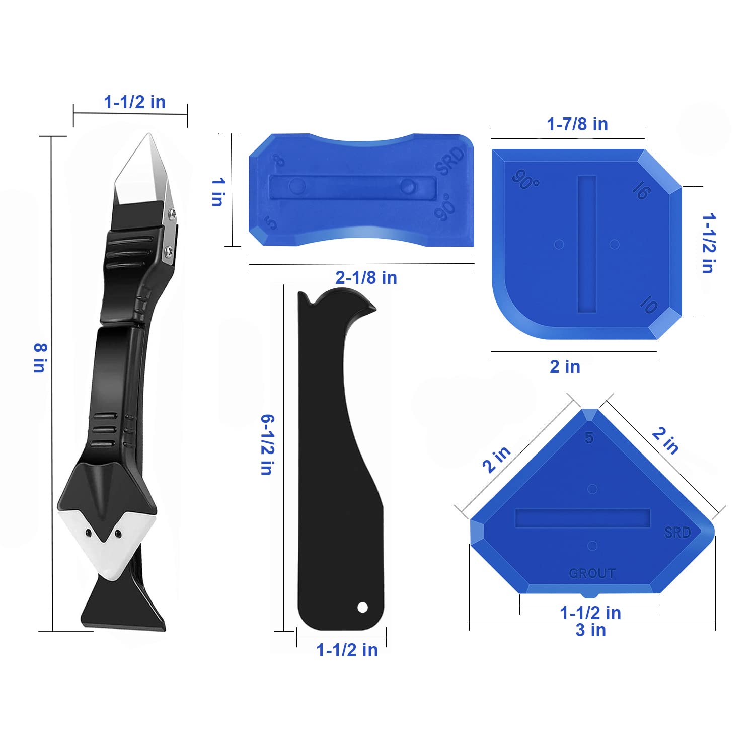 Silicone Caulking Tool Kit 3 in 1 Caulk Remover & Grout Removal Tool with 4pc Glass Glue Angle Scraper